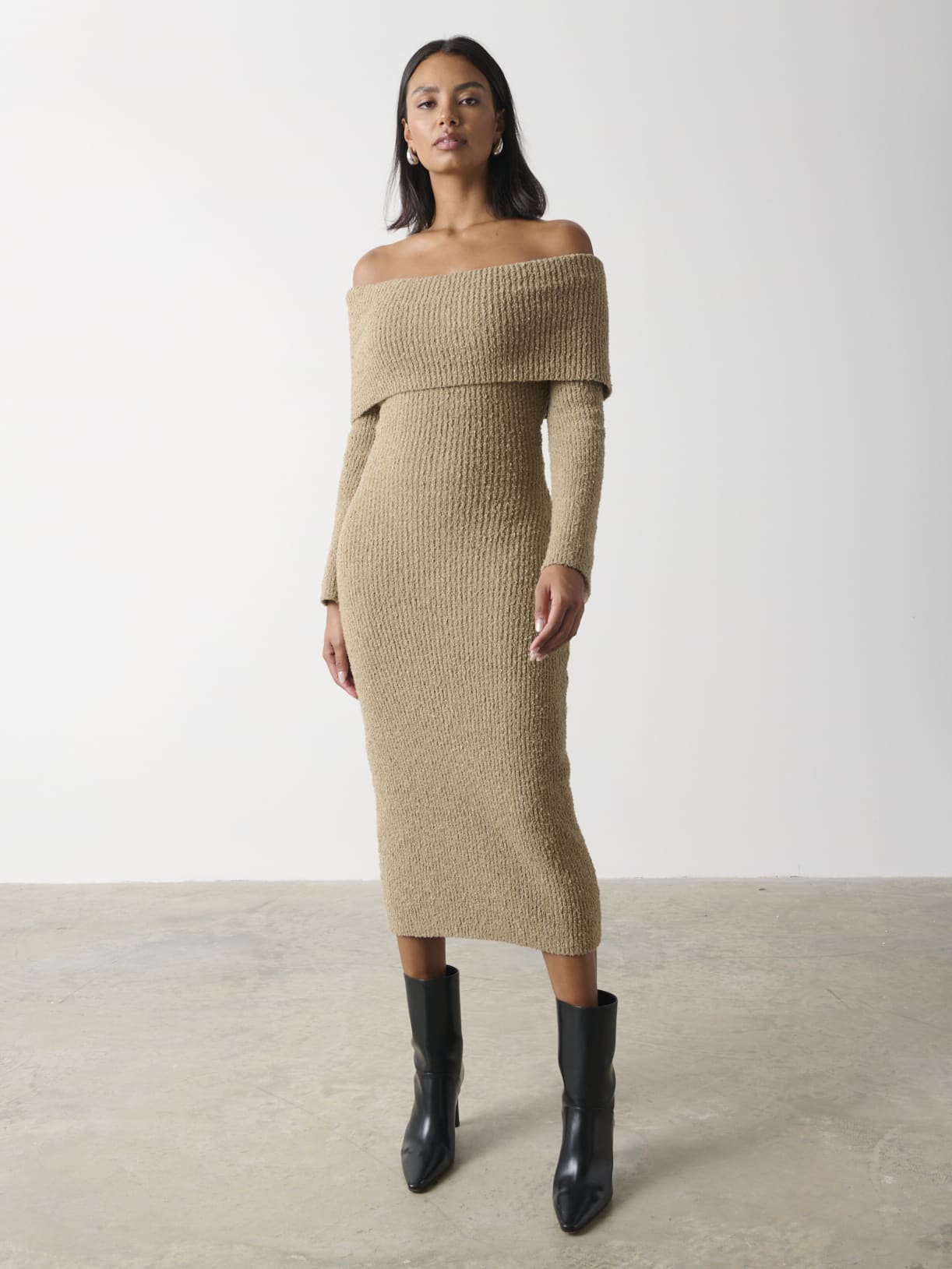 Elodie Midaxi Bardot Knit Dress - Mushroom
