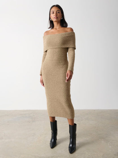 Elodie Midaxi Bardot Knit Dress - Mushroom