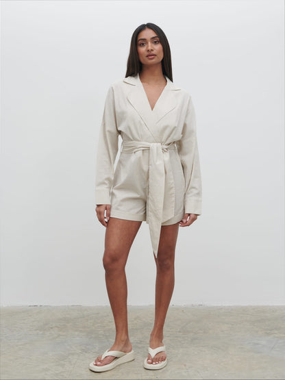 Emilie Belted Playsuit - Oatmeal