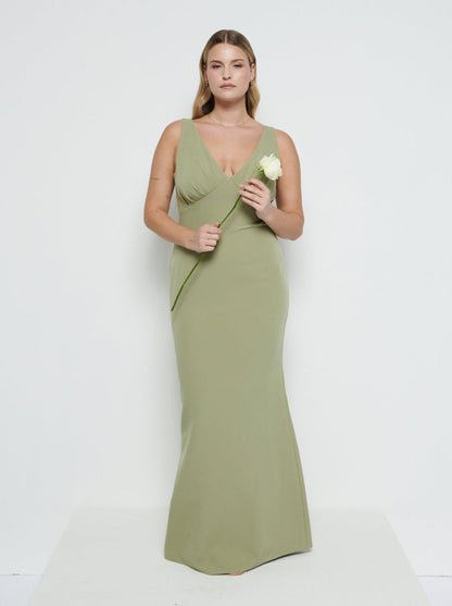 Esmee V-Neck Crepe Maxi Bridesmaid Dress - Olive