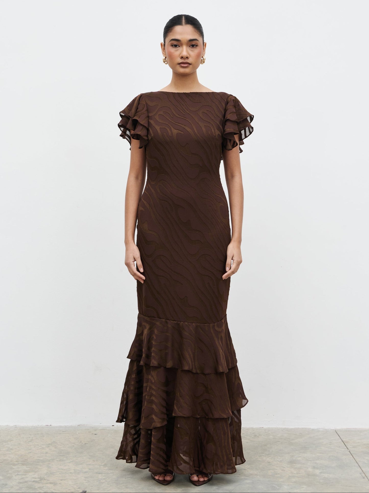 Ester Ruffle Jacquard Maxi Dress - Brown Devore
