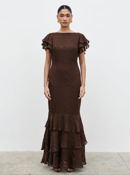 Ester Ruffle Jacquard Maxi Dress - Brown Devore