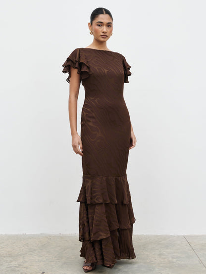 Ester Ruffle Jacquard Maxi Dress - Brown Devore