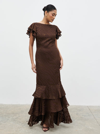 Ester Ruffle Jacquard Maxi Dress - Brown Devore