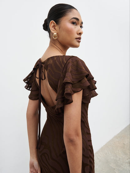 Ester Ruffle Jacquard Maxi Dress - Brown Devore