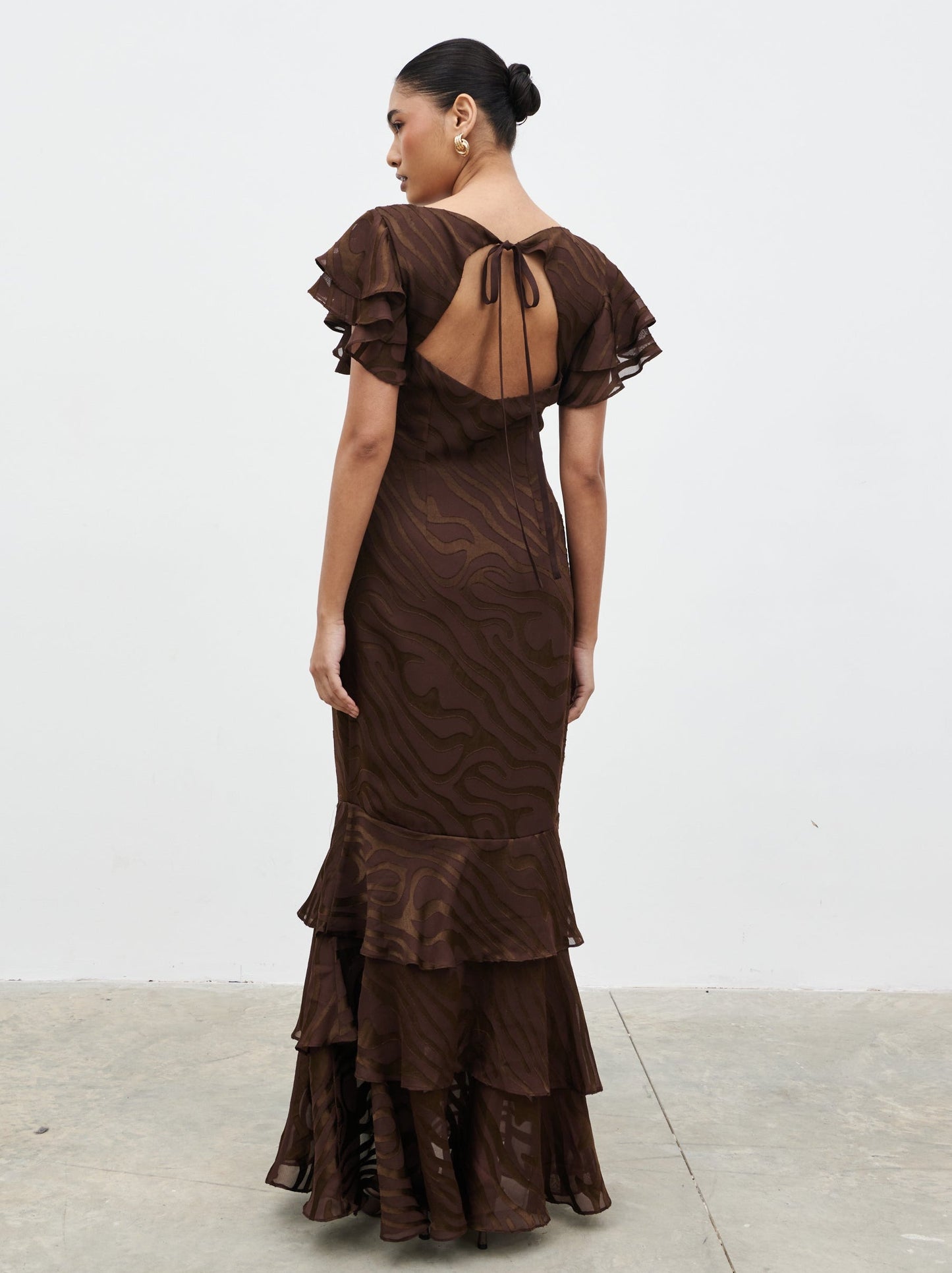 Ester Ruffle Jacquard Maxi Dress - Brown Devore