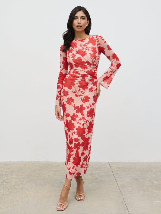 Ethel Long Sleeve Jersey Midaxi Dress - Red Floral