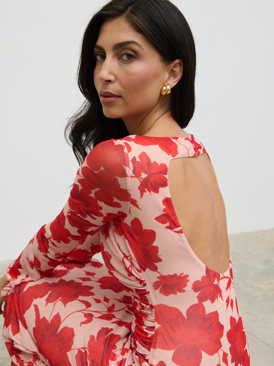 Ethel Long Sleeve Jersey Midaxi Dress - Red Floral