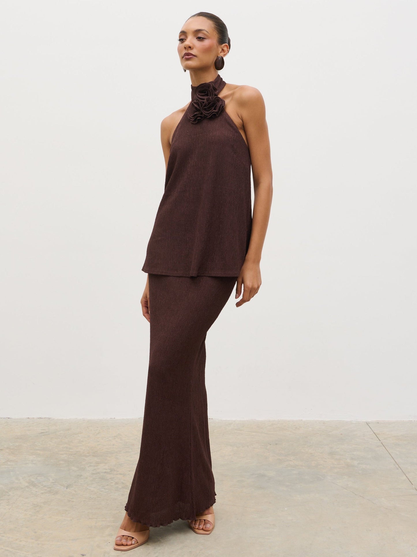 Evalina Crinkle Maxi Skirt - Brown