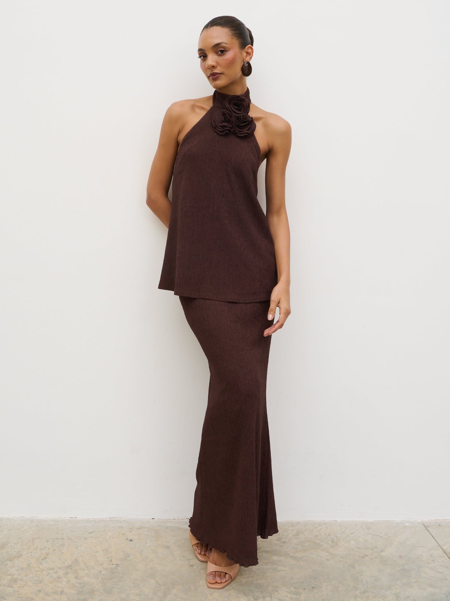 Evalina Corsage Halterneck Top - Brown
