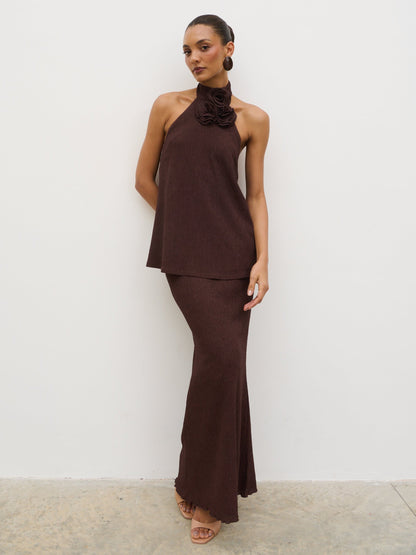 Evalina Corsage Halterneck Top - Brown