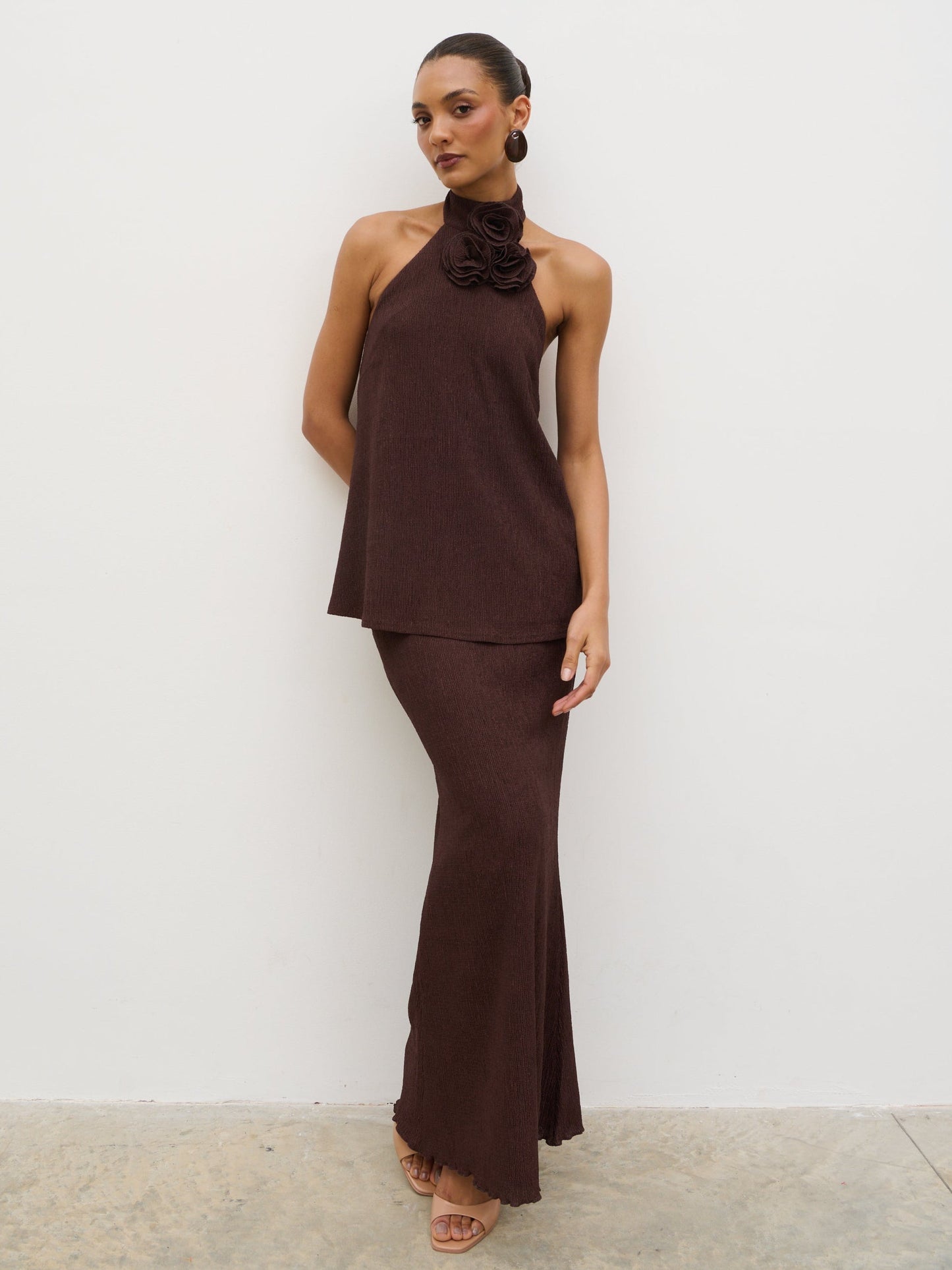 Evalina Crinkle Maxi Skirt - Brown