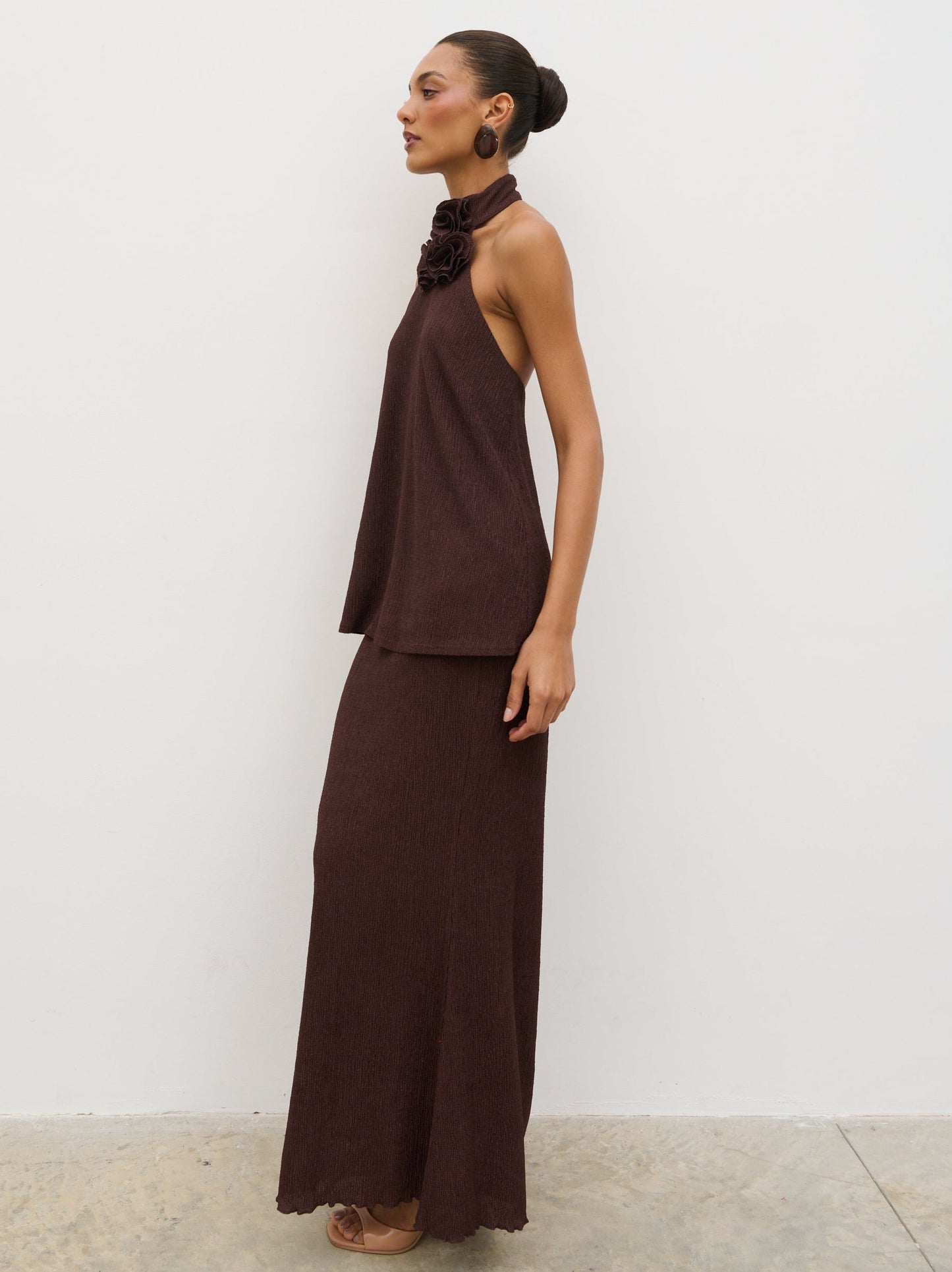 Evalina Corsage Halterneck Top - Brown