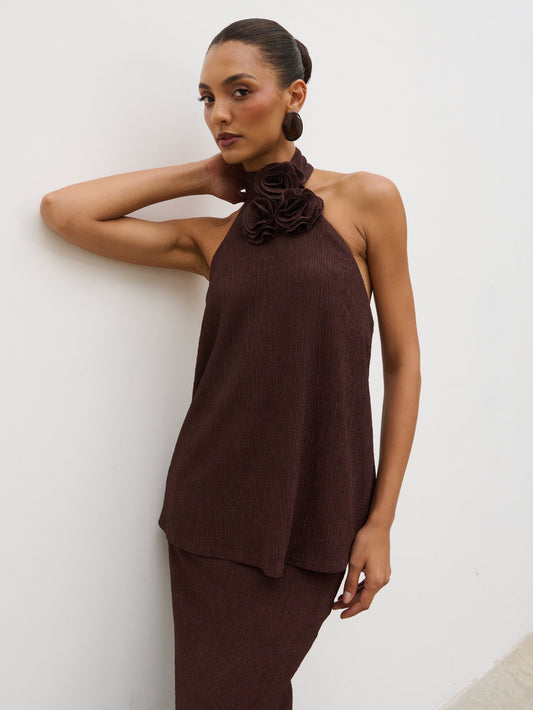Evalina Corsage Halterneck Top - Brown