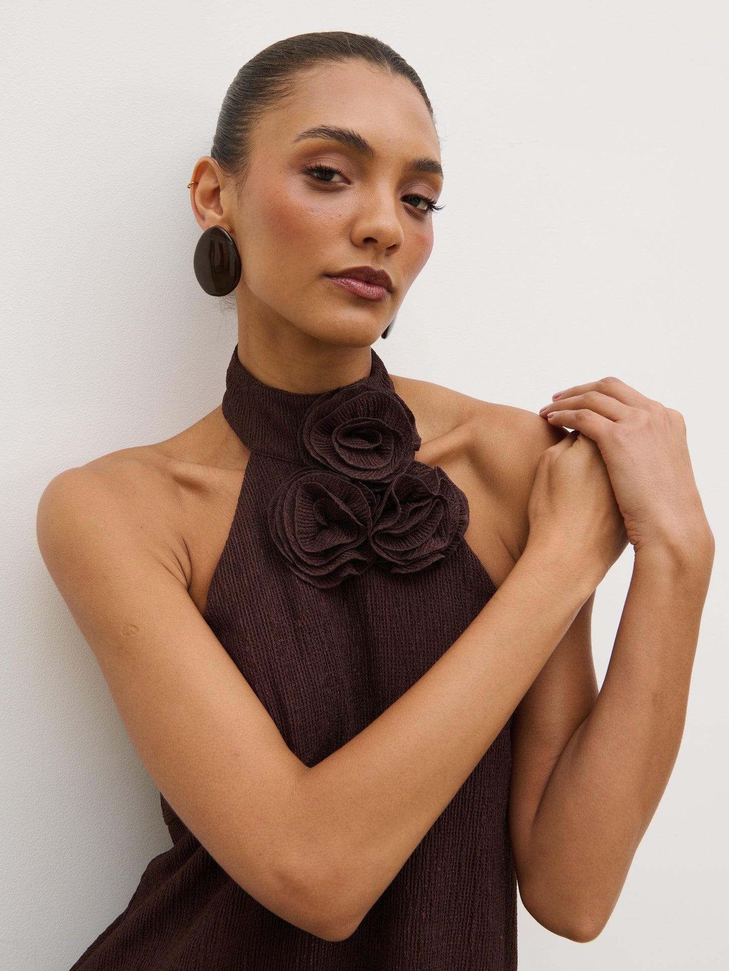 Evalina Corsage Halterneck Top - Brown
