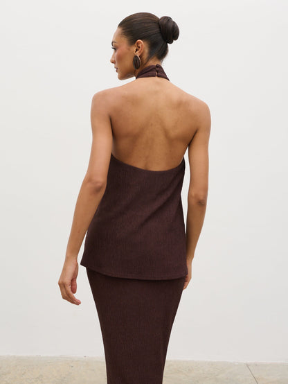 Evalina Corsage Halterneck Top - Brown