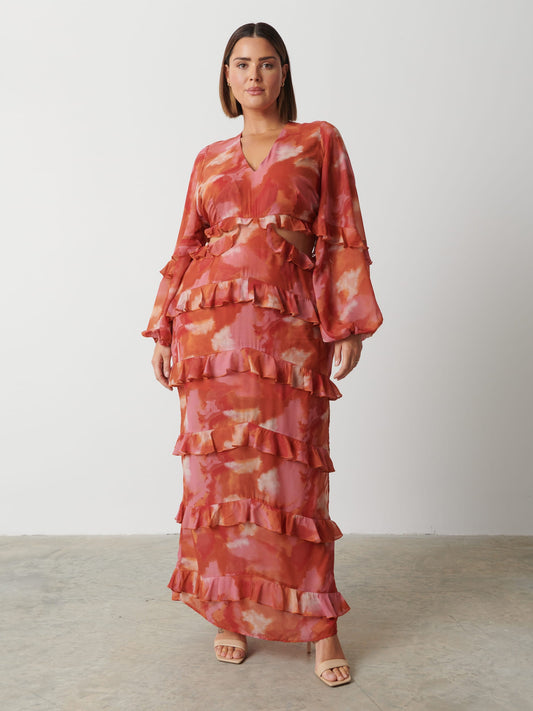 Evie Ruffle Maxi Dress Curve - Abstract Watercolour