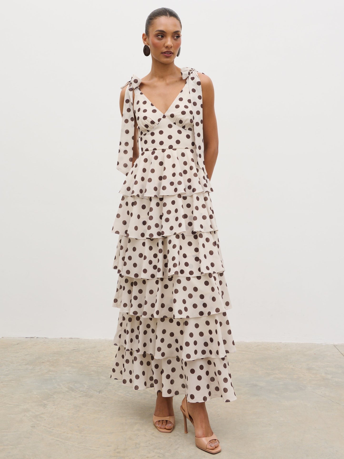 Fiore Tie Ruffle Maxi Dress - Large Brown and Cream Polkadot
