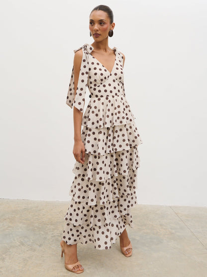 Fiore Tie Ruffle Maxi Dress - Large Brown and Cream Polkadot