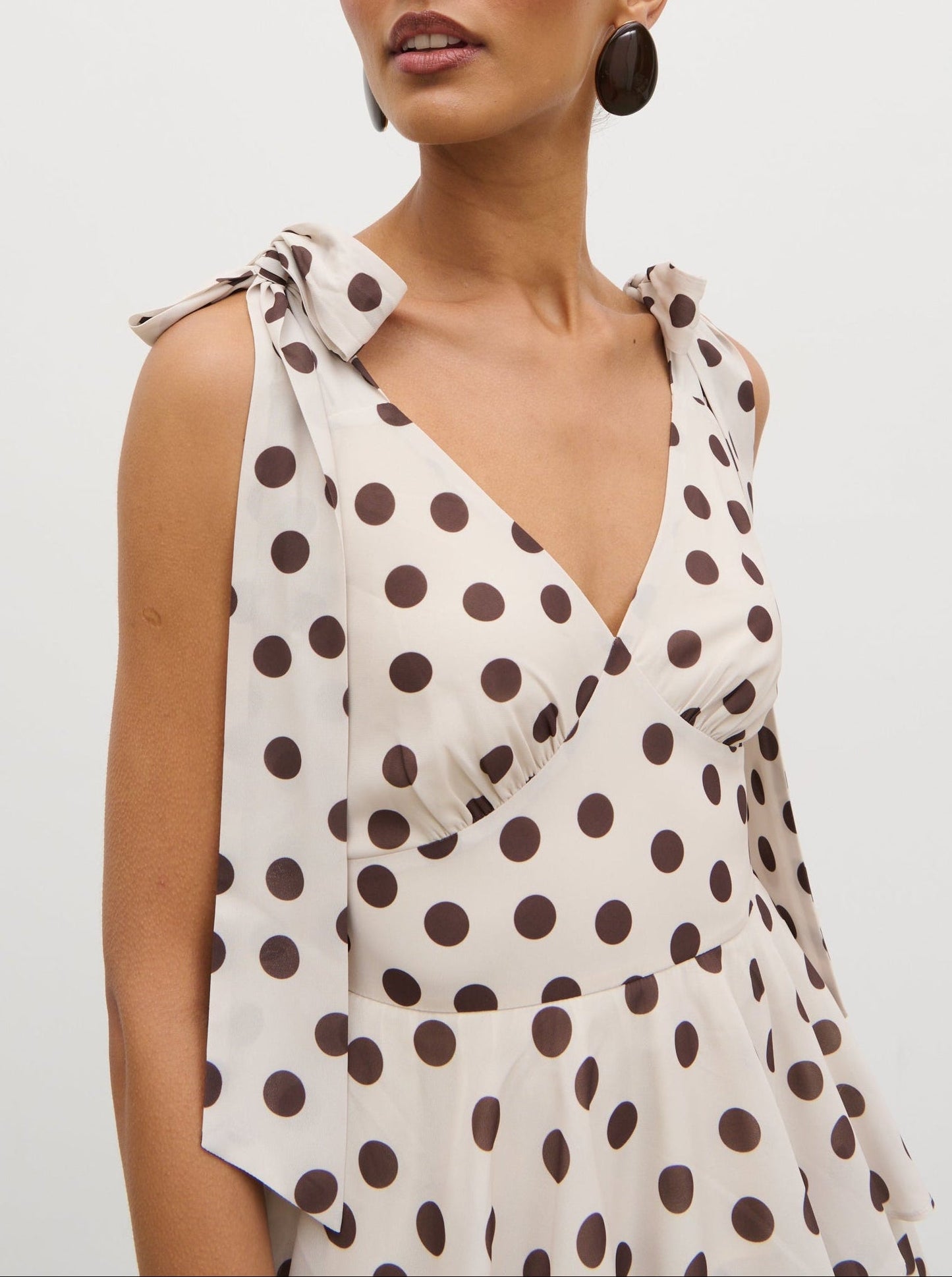 Fiore Tie Ruffle Maxi Dress - Large Brown and Cream Polkadot