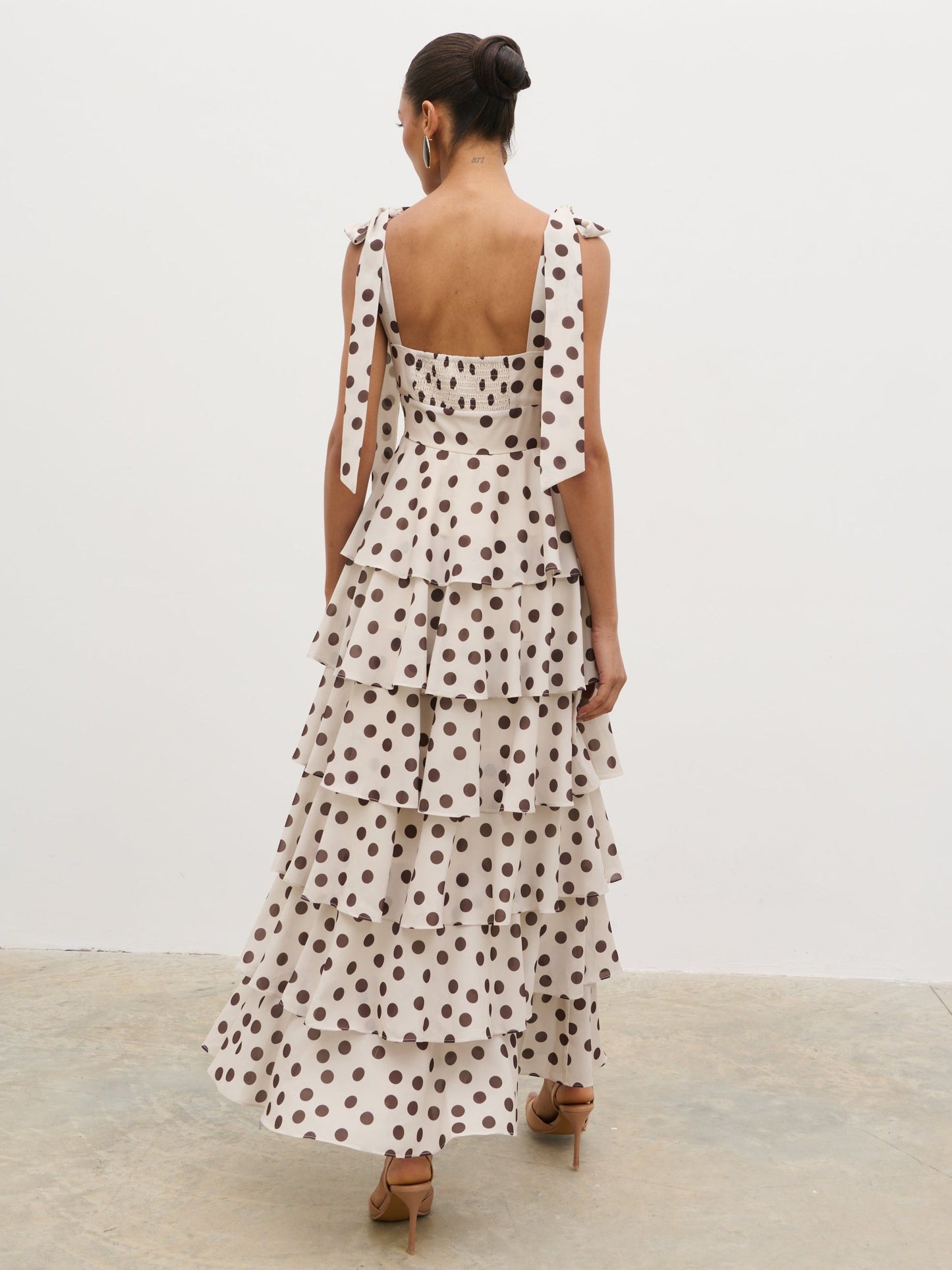Fiore Tie Ruffle Maxi Dress - Large Brown and Cream Polkadot