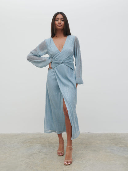 Friena Plisse Knot Contrast Dress - Blue Metallic