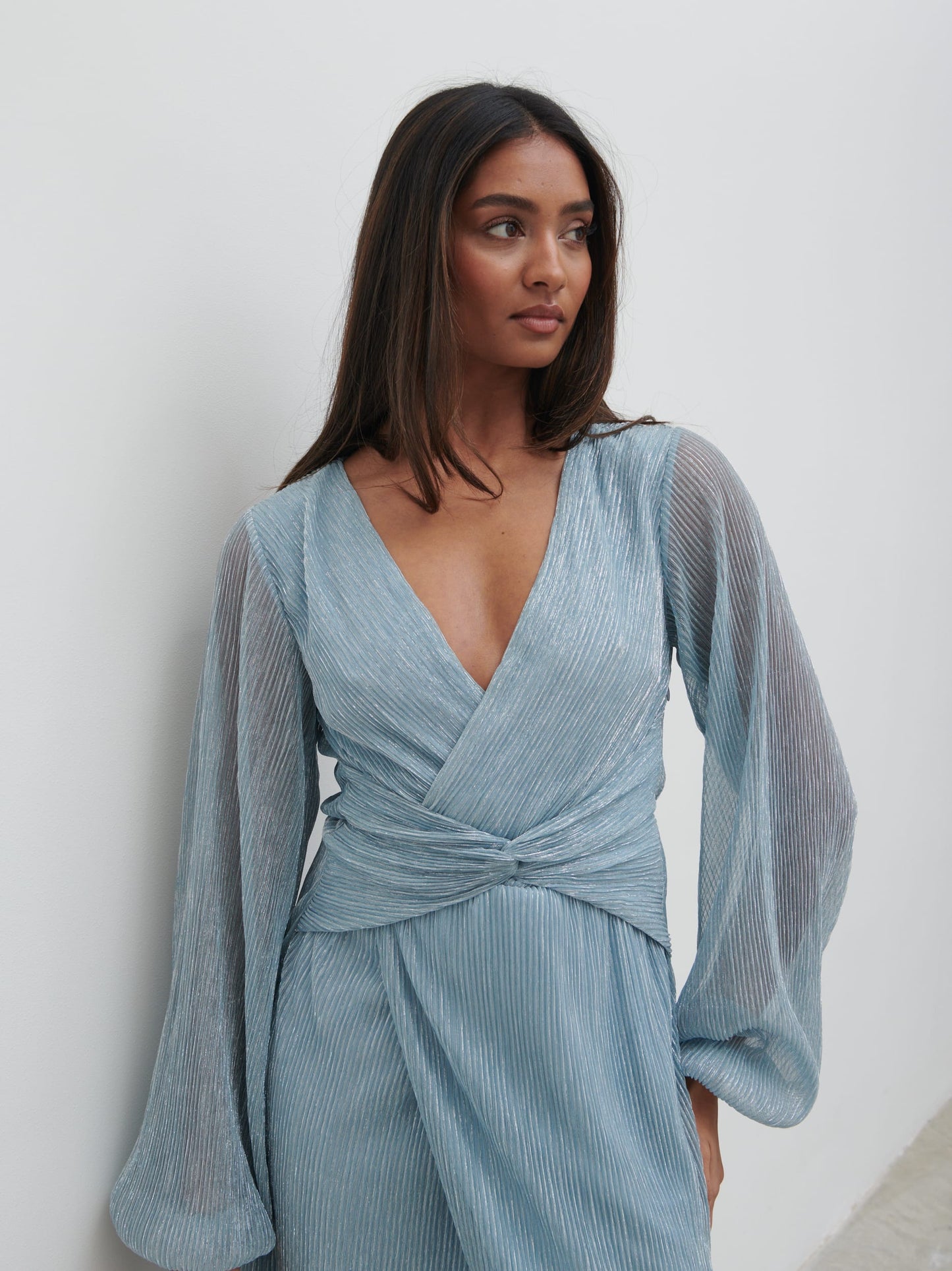Friena Plisse Knot Contrast Dress - Blue Metallic