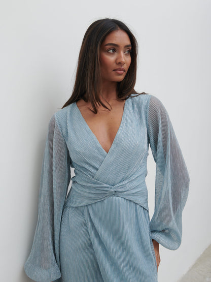 Friena Plisse Knot Contrast Dress - Blue Metallic