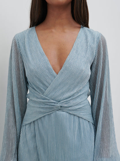 Friena Plisse Knot Contrast Dress - Blue Metallic