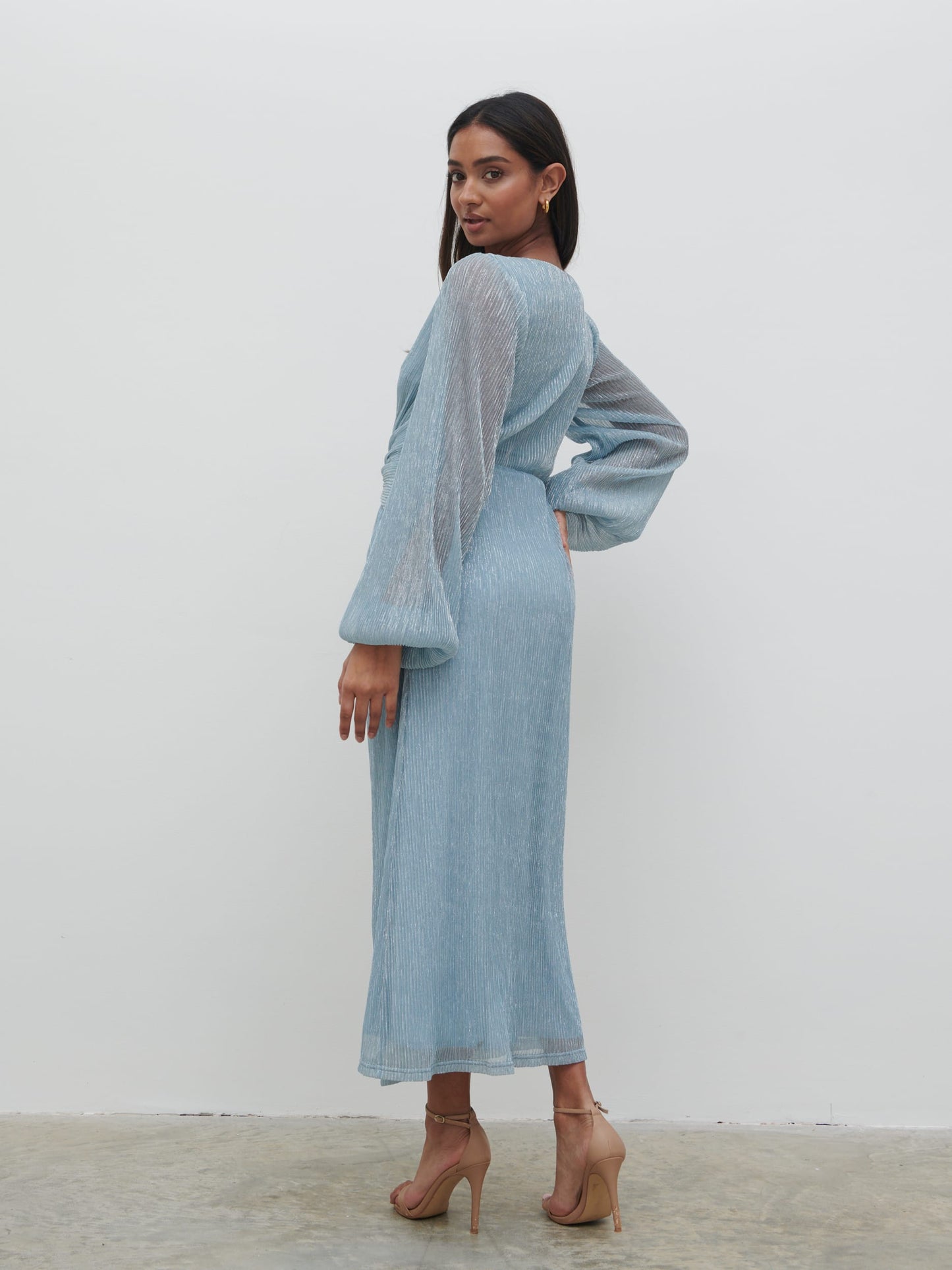 Friena Plisse Knot Contrast Dress - Blue Metallic
