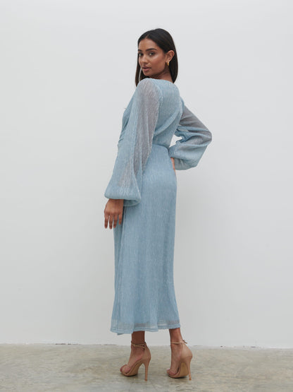 Friena Plisse Knot Contrast Dress - Blue Metallic