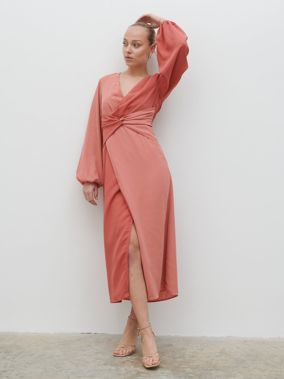 Friena Knot Contrast Midaxi Dress - Terracotta and Dusky Rose