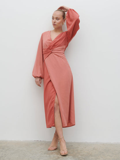 Friena Knot Contrast Midaxi Dress - Terracotta and Dusky Rose
