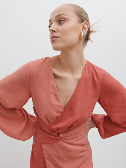 Friena Knot Contrast Midaxi Dress - Terracotta and Dusky Rose