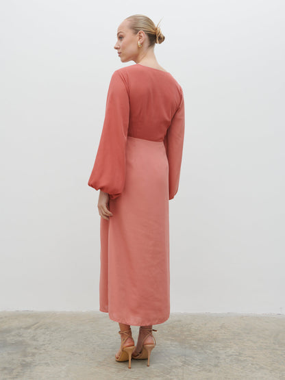 Friena Knot Contrast Midaxi Dress - Terracotta and Dusky Rose