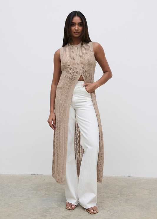 Helen Longline Open Knit Cardigan - beige