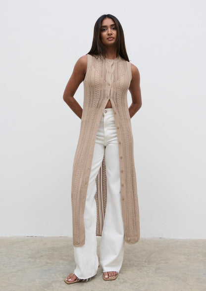 Helen Longline Open Knit Cardigan - beige
