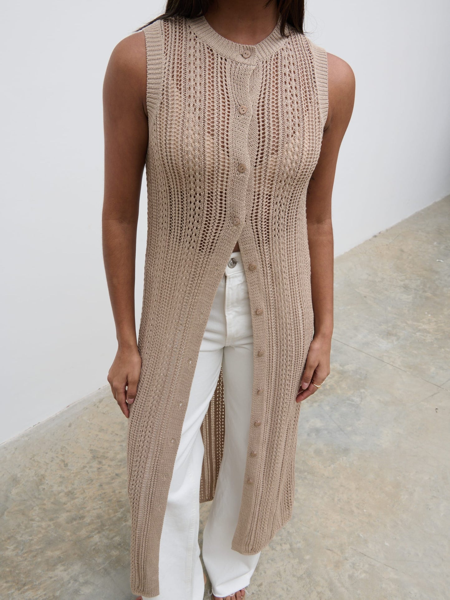 Helen Longline Open Knit Cardigan - beige
