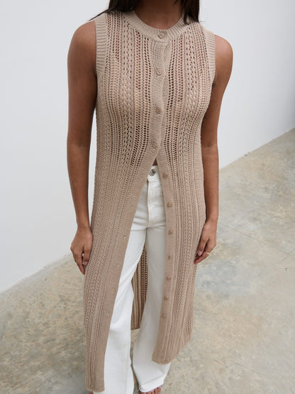 Helen Longline Open Knit Cardigan - beige