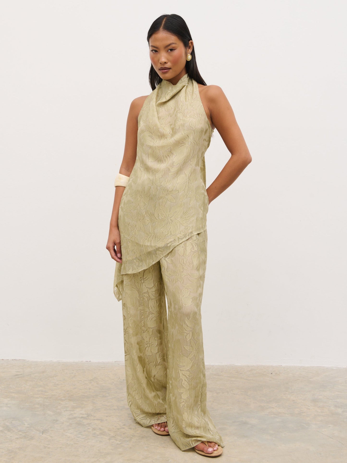 Inca Drawstring Trousers - Olive Jacquard Floral