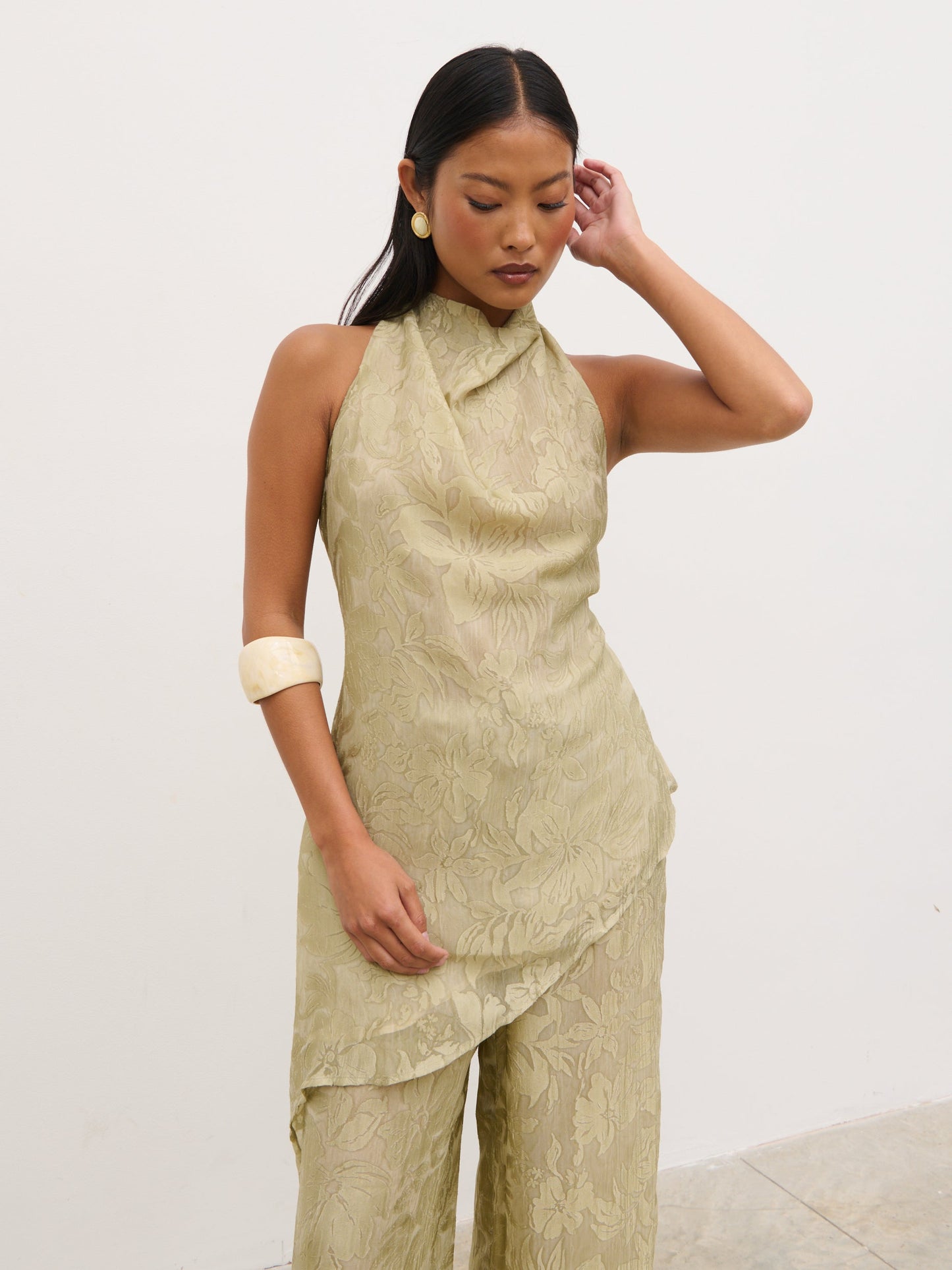 Inca Asymmetric Cowl Neck Top - Olive Jacquard Floral