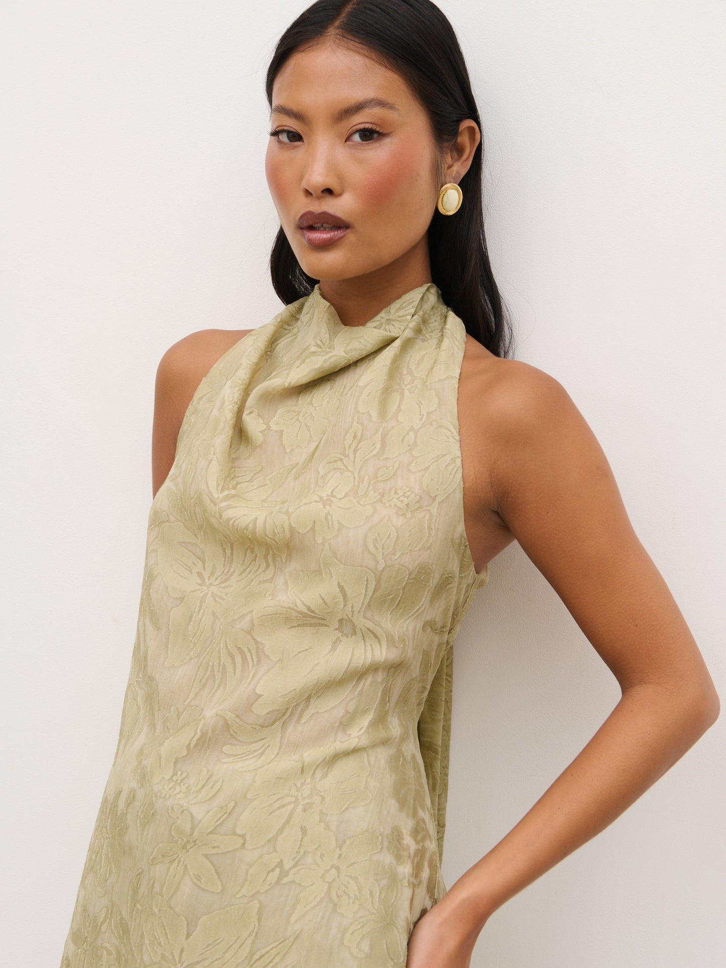 Inca Asymmetric Cowl Neck Top - Olive Jacquard Floral