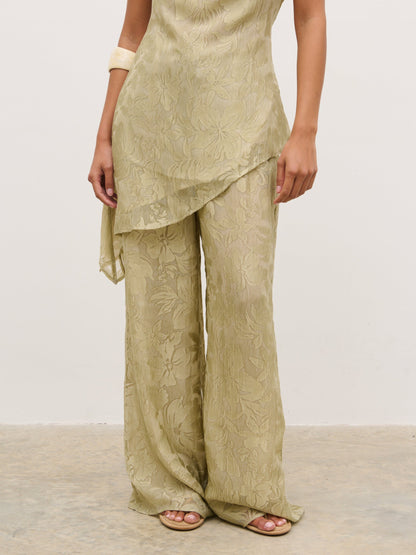 Inca Drawstring Trousers - Olive Jacquard Floral