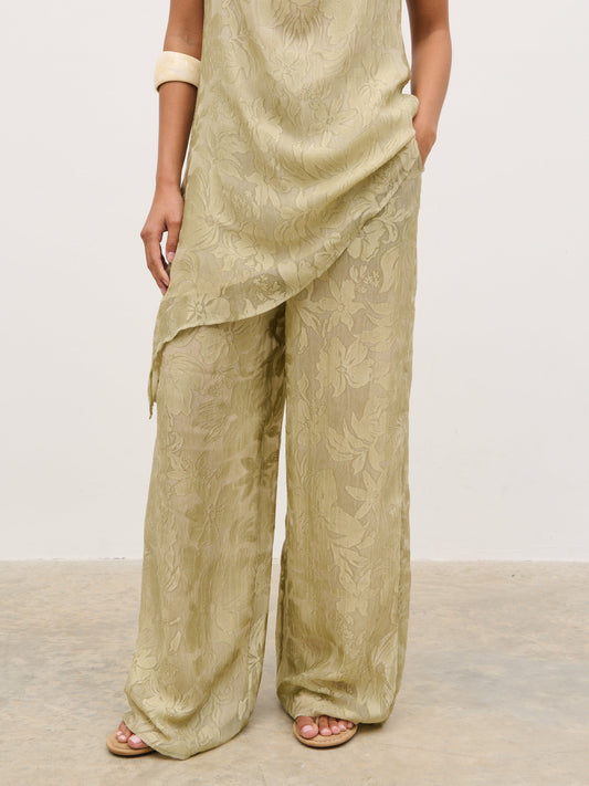 Inca Drawstring Trousers - Olive Jacquard Floral