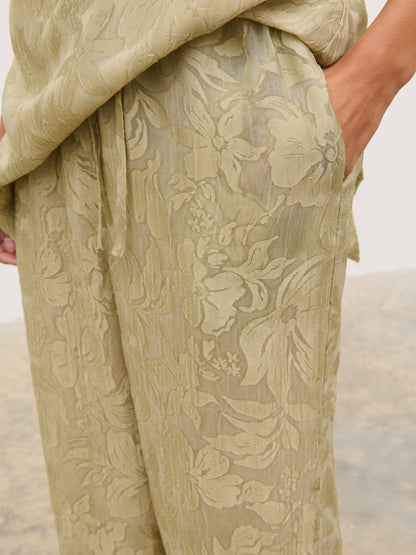 Inca Drawstring Trousers - Olive Jacquard Floral