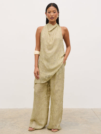 Inca Drawstring Trousers - Olive Jacquard Floral