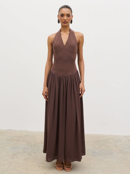Isadora Drop Waist Maxi Dress - Chocolate Brown