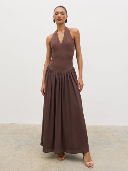 Isadora Drop Waist Maxi Dress - Chocolate Brown