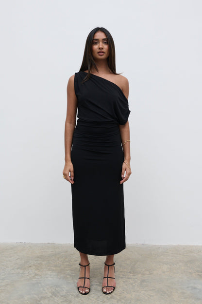 Janece Asymmetric Jersey Dress - Black