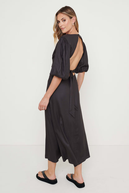 Jeanelle Puff Sleeve Backless Dress - Black